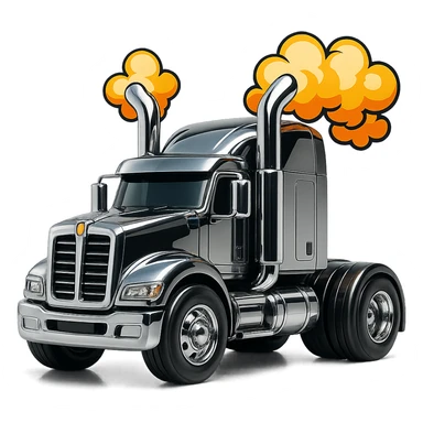 Add bold cartoon smoke coming out of the chrome stacks of the black Kenworth W680 truck rolling down the road. Emphasize big wheels, fun proportions, and a sense of speed with a transparent background. sticker