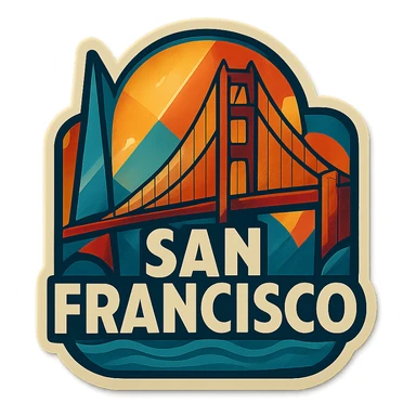 San Francisco logo in retro art deco style, featuring iconic elements like the Golden Gate Bridge, geometric shapes, and bold lines, with a vintage color palette sticker