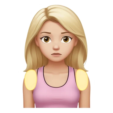 Create a young woman with long blonde hair, golden eyes, and medium-light skin tone, wearing a light pink tank top and leggings. She should be in portrait mode, but with a subtle doubting facial expression—slightly raised eyebrow, small frown, .  and her hand next to her chin like a thinker sticker