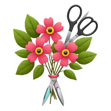 Minimalistic flat vector icon, iOS style, thin black contour on white background. Flower bouquet with leaves and scissors. No text, no shadows. sticker