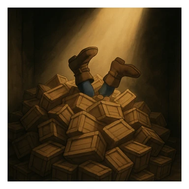 A pile of small oblong crates hidden in a dark area with a beam of light shining from above, with someone’s boots sticking out like they dove in sticker