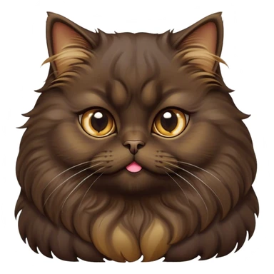Cinematic Adorable Big-Eyed Fluffy Dark Brown Persian Cat Portrait Emoji, Head tilted playfully with a sweet expression, fluffy dark brown fur with rich caramel and gold undertones, Simplified yet irresistibly cute features with large, expressive eyes, highly detailed, glowing with a warm and gentle glow, high shine, a mix of affectionate and curious, stylized with a touch of whimsy, bright and full of charm, soft glowing outline, capturing the essence of a fluffy, loving kitty with oversized eyes, so endearing it feels like it could leap out of the screen and cuddle with you instantly! sticker