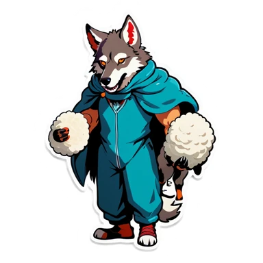 the whole body of a wolf with a human body in its hand, with sheep's masks in its hands sticker