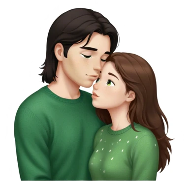 Young guy with black slightly long hair kissing a young woman with brown hair and  green sweater and only the woman has very light freckles with the emoji made so there is no part that is cut off sticker