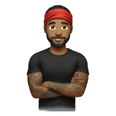 white man with tattoos in a black T-shirt and a red bandana sticker