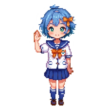 Pixel art anime girl with short bright blue hair wearing Japanese sailor style school uniform, composed posture with hand on hip but shyly waving with other hand, blushing face and timid smile, very shy expression sticker