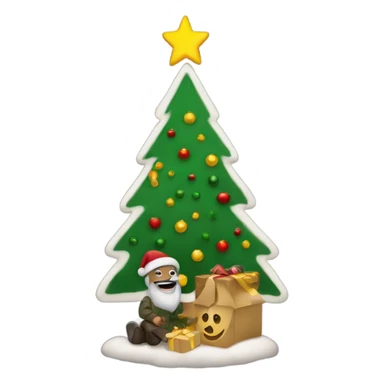 a mason enjoing near to a chrismas tree sticker