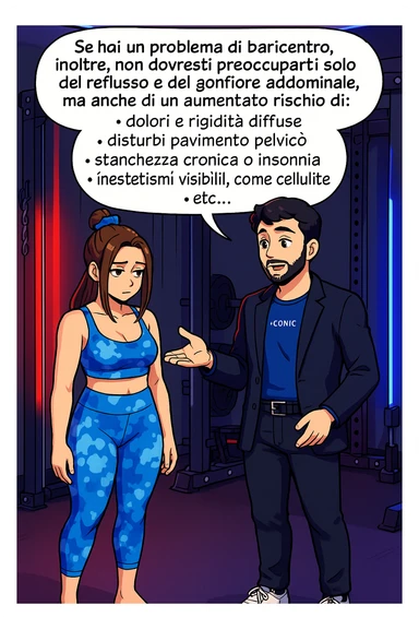 TRASFORMA QUESTO CAROSELLO IN UN FUMETTO STILE WEBTOON/MANGA A COLORI CON QUESTE DUE PERSONE IDENTICHE CHE INTERLOQUISCONO TRA LORO, L'uomo sta spiegando alla donna questo concetto:

Se hai un problema di baricentro, inoltre, non dovresti preoccuparti solo del reflusso e del gonfiore addominale, ma anche di un aumentato rischio di:
    • dolori e rigidità diffuse
    • disturbi pavimento pelvico
    • stanchezza cronica o insonnia
    • inestetismi visibili, come celluluite
    • etc… sticker