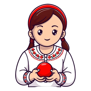 Ukrainian young girl in a white embroidered shirt holds a red ball of thread in her hand sticker