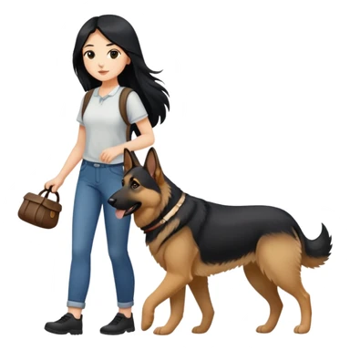 A girl with long black hair walking a German Shepherd sticker
