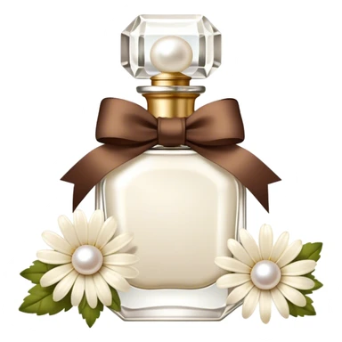 pearl white vintage style perfume bottle and ivory colored daisies and a brown bow sticker