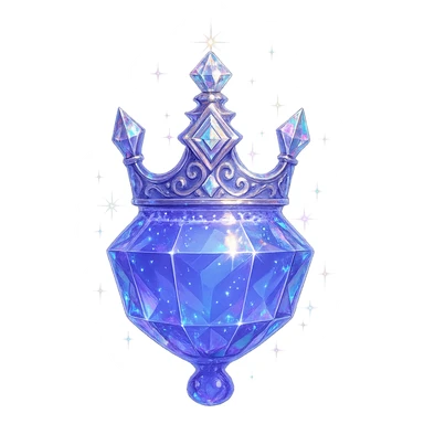 crown-shaped luxurious elixir bottle, color #7986cb, multi-layered holographic and silver details, intricate crystal facets, magical radiant glowing and sparkling effects, seamless and beautifully joined rounded bottom (not flat), very small neck, transparent background, floating clearly in air, not standing, no base or shadow, modern, extremely beautiful, matching a collection sticker