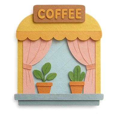 cute coffee shop window with plants and soft pastel curtains, hand-drawn style sticker