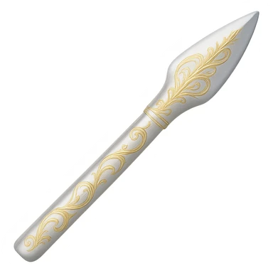 Recolor the spear to a very light metallic silver color with subtle, elegant gold engravings. The gold tone and style should match the provided silver shield reference, with a soft gold that is not too yellow or green. Keep the exact shape and proportions of the original spear. Transparent background. sticker