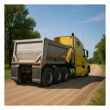 ultra-realistic rear three-quarter angle view of a Volvo yellow semi sleeper truck and silver end dump trailer, both in normal position, driving away down a photorealistic dirt road with trees and grass on both sides, blue sky sticker