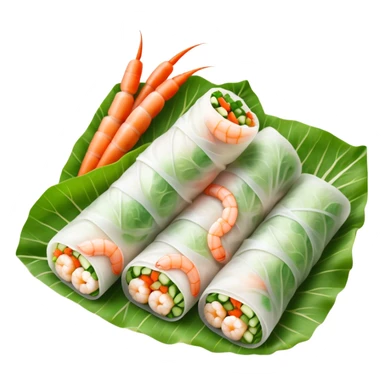 Cinematic Realistic Vietnamese Summer Rolls Dish Emoji, depicted with delicate rice paper wraps filled with fresh vegetables and shrimp rendered with crisp textures and refreshing lighting. sticker