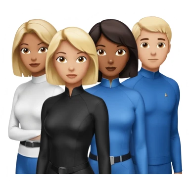 3 Friends standing side by side, charlie's angels style: 1 black woman with a short flat pressed bob, 1 hispanic man with a thin nose and long hair, and 1 white guy with blue eyes and a short brown-blonde haircut sticker