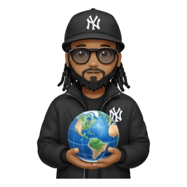 African American man with shoulder length black dreadlocks with black beard wearing black sunglasses wearing a black New York Yankees logo baseball cap wearing a black bubble winter coat holding a Globe in his hands sticker