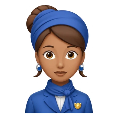 Brown tan skin flight attendant, brown hair in a bun, blue uniform, blue scarf sticker
