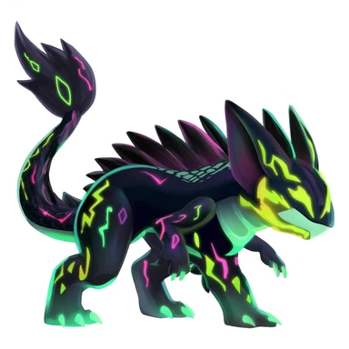 Rare realistic black-scaled neon-glowing bioluminescent edgy badass epic pretty beautiful handsome gorgeous aesthetic colorful vibrant Vernid-Trico-Amaura-species-Fakemon-creature by LiLaiRa, 4 legs, 1 tail, random markings, (full body) sticker