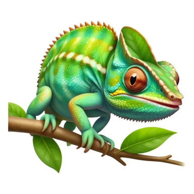 cinematic cute-smiling baby chameleon-realistic emoji,-blending-with-vibrant-greenery.-detailed-scales-in-shifting-colors,-showing-the-chameleon’s-ability-to-camouflage.-soft-natural-light-highlights-its-texture.-light-background, zoomed into its face sticker