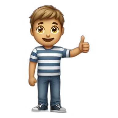 boy wears striped shirt giving a thumbs down sticker