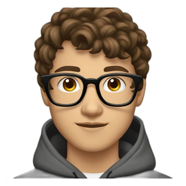 18 year old teen with brown hair and rectangular black thin frame glasses. He wears a hoodie sticker