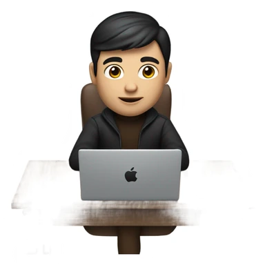     memoji of a man with a laptop in front, apple-style,modern,dark hair,dark brown sweater,computer in hand,sitting on his desk sticker