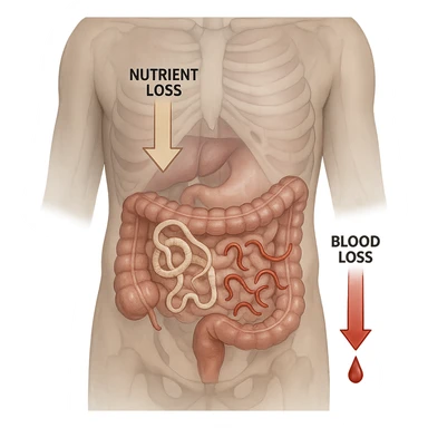 realistic transparent abdomen showing hookworms and tapeworms both visible, arrows showing nutrient and blood loss, medical illustration sticker