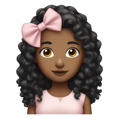 Medium skin tone girl with long curly black hair and a pale pink bow sticker
