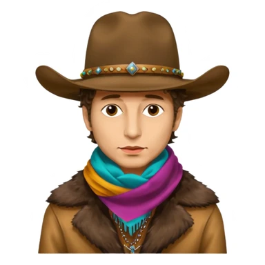 realistic cinematic Bob Dylan profile portrait with dirty cowboy hat on head and colorful silk scarf around neck, fur coat - Desire album cover sticker