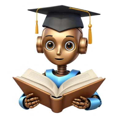 Ai  robot reading a big book with graduation head sticker