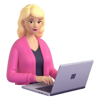 blonde woman in a pink cardigan working on a laptop sticker