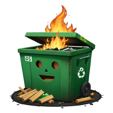 Green happy dumpster with an open black lid and a fire burning only inside it. there is litter and trash on the ground around it not burning sticker