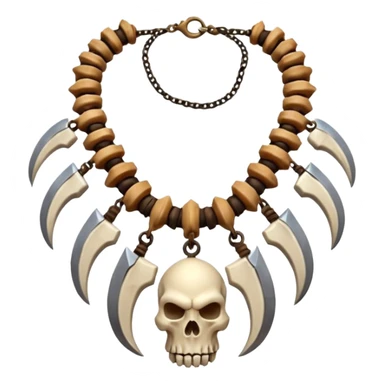 barbarian necklace object icon, necklace made of bones and fangs, rugged tribal jewelry, 3D cartoon, mobile game icon style, centered, clean background, no text, no watermark sticker