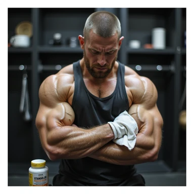 Powerlifter in locker room, sportswear, holding ice pack on swollen elbow, suffering expression, bottle of Stanozololo in background, realistic details, locker room background sticker