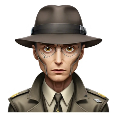 Cillian Murphy's J Robert Oppenheimer Wearing his hat, while his eye, ear, nose and upper body has been replaced with Cybernetic Organism and Neural Network in CyberPunk 2077 sticker