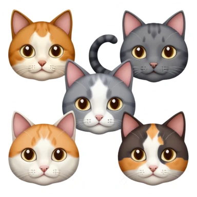 5 different coloured short haired cats including; a dark brown and white cat, and a dark grey and white, and a calico sticker