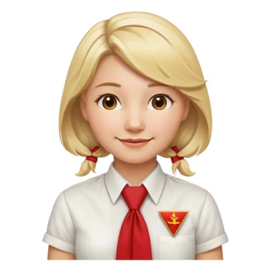 A Soviet pioneer girl emoji — smiling young girl wearing a white shirt and a bright red pioneer necktie tied in a loose triangle knot with wide ends (not a formal tie). No hat or headwear. Blonde hair, friendly face, flat minimal emoji style, Apple emoji aesthetic, clean outlines and soft shading. sticker