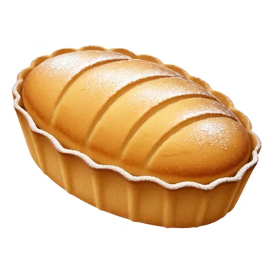 A madeleine pastry. Oval shaped with lines going in the same direction as the oval. Light golden brown. Scalloped edge sticker