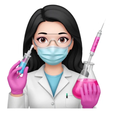 laboratorista con guantes rosa y mascarilla rosa  jeringa tubo laboratorio sin lentes  y  ojos negros cabello largo negro ojos negros sticker
