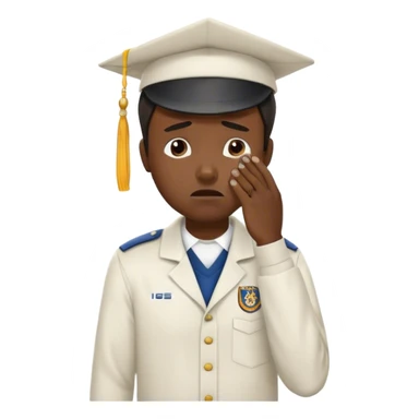 Create an emoji of a student crying. He is wearing a university uniform, including a shirt and pants and hat. The man is visibly upset, with tears streaming down his face, and he is wiping his eyes with his hand. The background should be simple to emphasize his emotional state, conveying the feeling of being overwhelmed with school stress or personal struggles sticker
