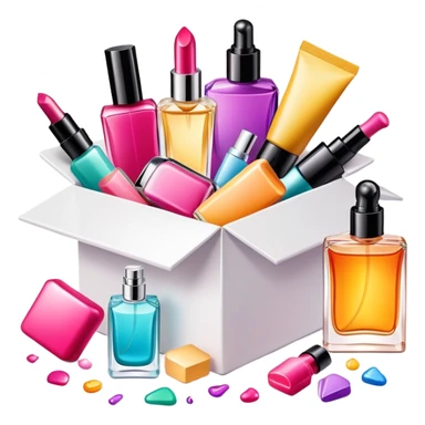 an opened box with colorful makeup, skincare bottles, and perfume spilling out sticker