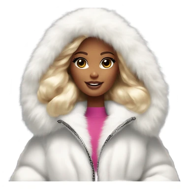 Barbie looking emoji  in an extremely big fluffy oversized white fur coat with hood on. The fur is real and it’s very obvious big and fluffy like in Pinterest  sticker