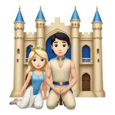Man as prince, upright, black Hair, blue eyes, woman, blonde, green eyes, shott white sleveless Dress, kneeling, background palace sticker