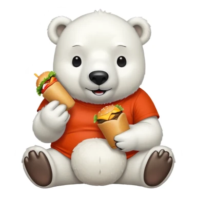 polar bear with burger wearing red orange tshirt sticker