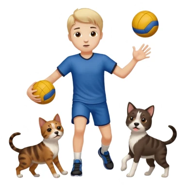ragazzo basso  che gioca a pallamano circondato da cani e gattu sticker