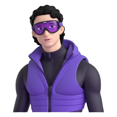 male athlete with white skin and moderately curly black hair on top with shaved sides, wearing ski goggles with purple frames and very dark black lenses, a simple plain black chain necklace, and a completely unzipped/wide open shiny purple vest fully revealing his chest and abs, no earrings sticker