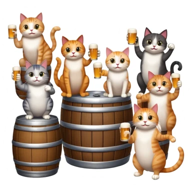 seven distinct cats standing around a beer keg, each cat drinking, all with goofy playful expressions sticker