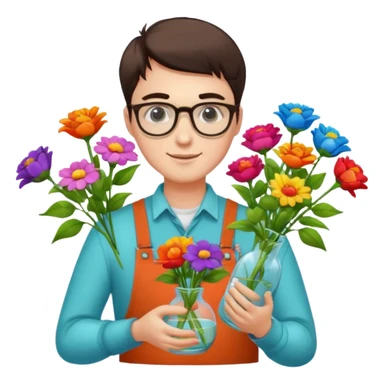 Young male florist – wearing glasses, arranging flowers in a vase. sticker